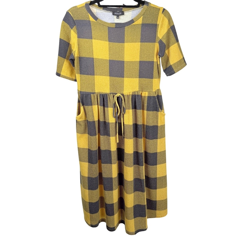 Roolee Mustard Charcoal Buffalo Plaid Midi Dress M Drawstring Waist Pockets